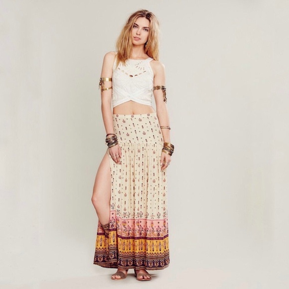 Boho Cream Printed Maxi Skirt with Border Trim
